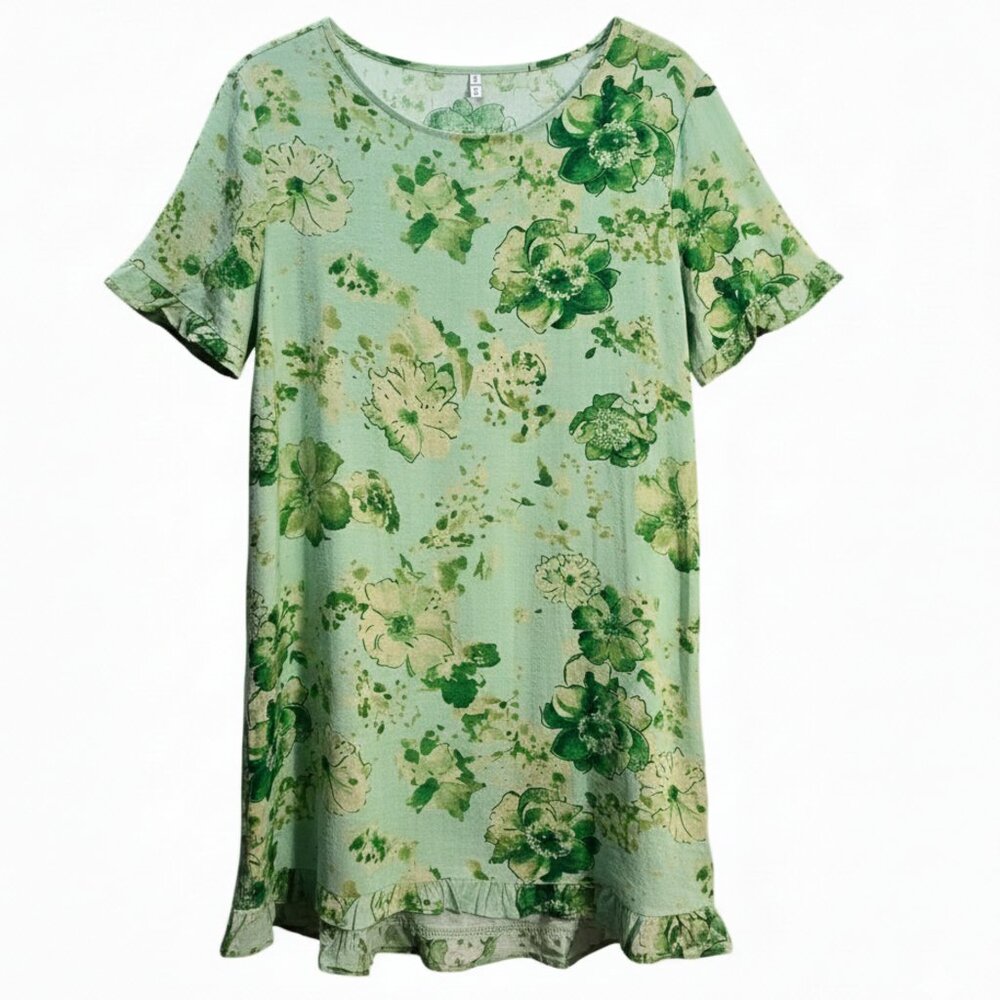 NIP | Yesno Green Floral Short Sleeve Ruffle Hem Relaxed Fit Midi Dress | XL